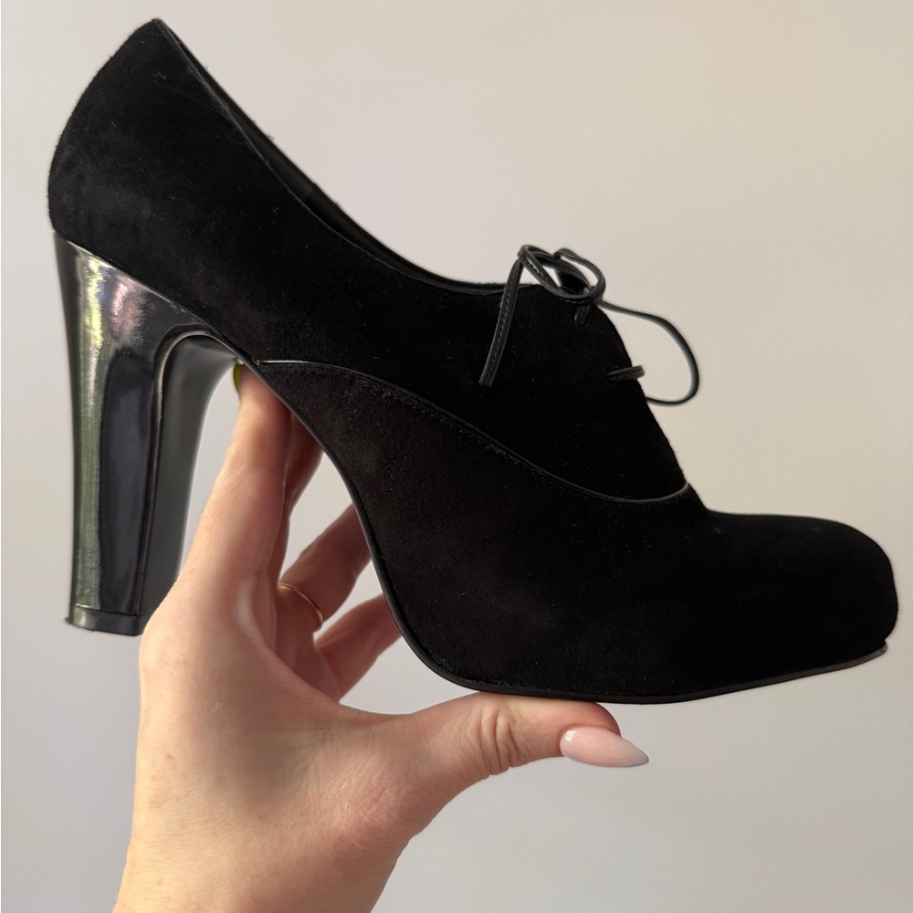 Nine West Black Suede Heeled Booties w Lace Up Detail - NWOB - size 8.5